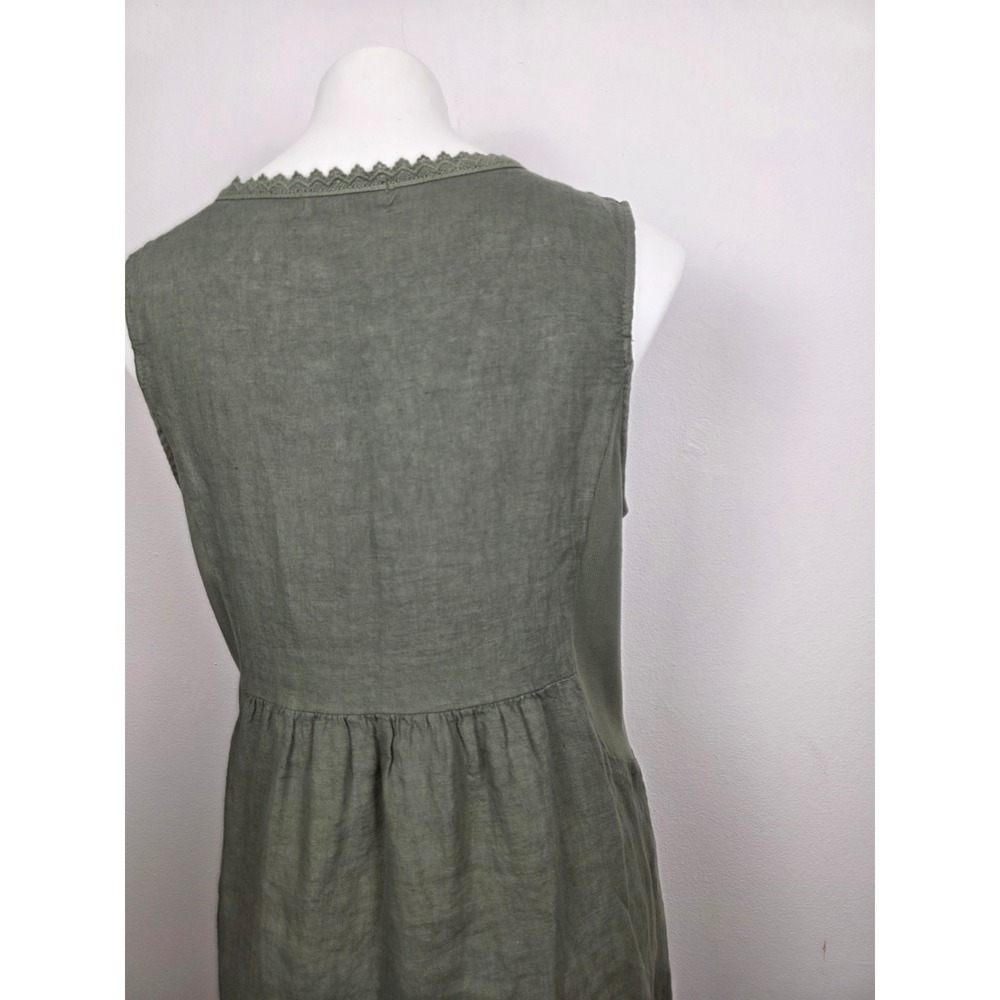 TERZO MILLENNIO Olive Green Linen V Neck Lace Trim Tiered Midi Dress Size L - Picture 6 of 8